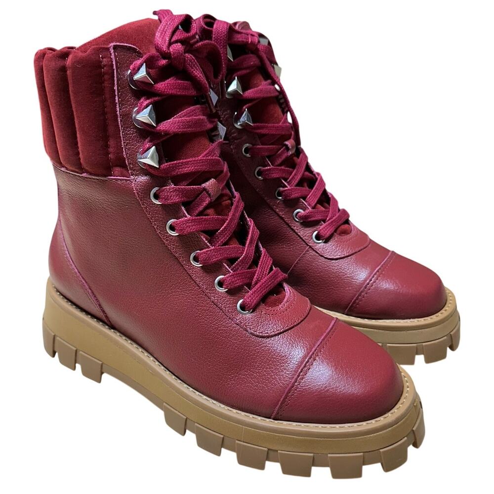Schutz Leather Lace Up Hiker Boots Sutton Red Brown Women's Size 6.5B New in Box